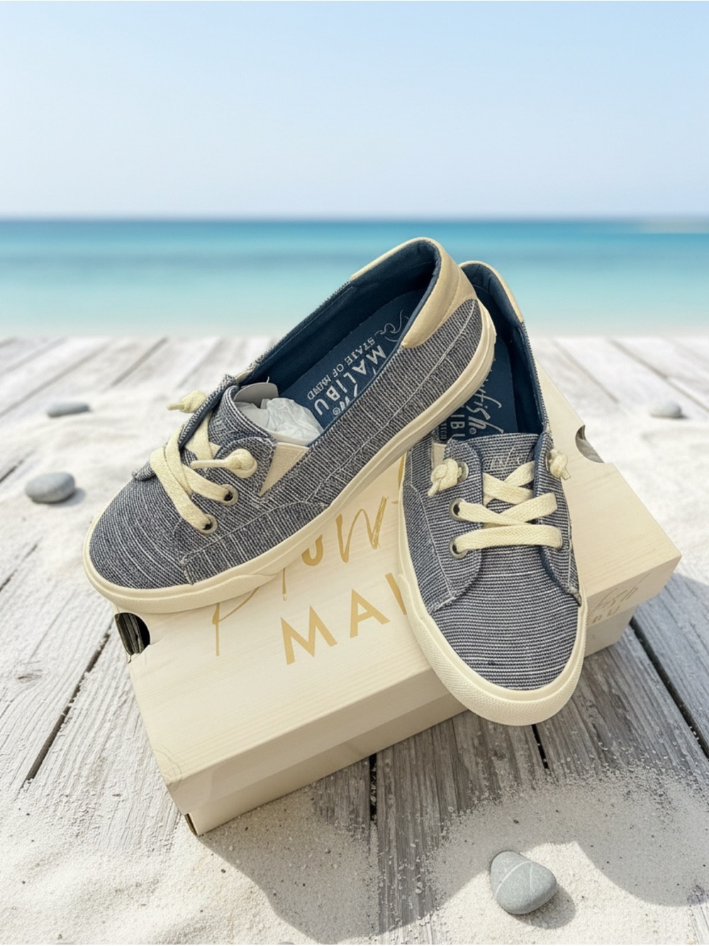 NIB Blowfish Moon 2 Striped Denim Blue Slip-On Sneakers Size 6.5